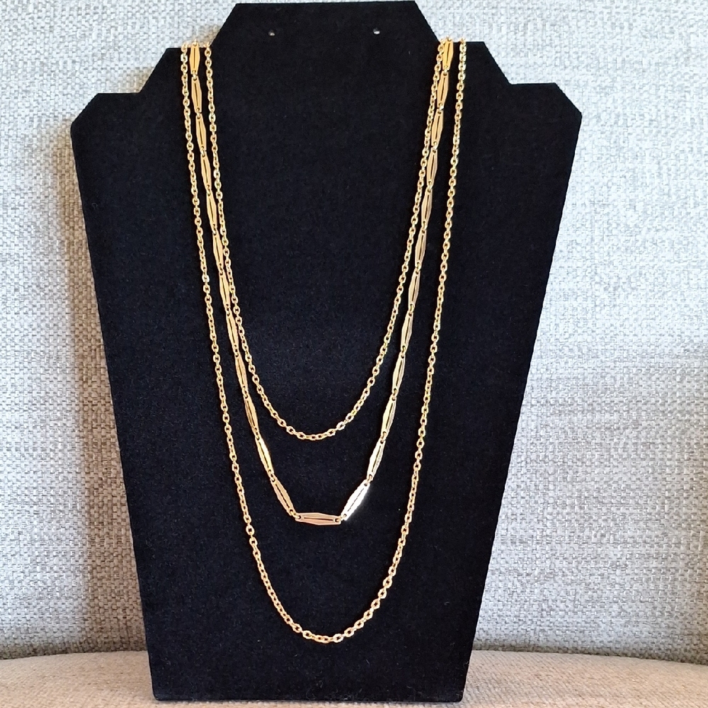 Classic Triple Strand Layered Beeline Gold Tone Chain Necklace